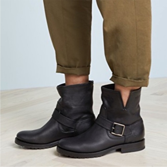 $388 Frye Natalie Engineer Black Leather  Short Moto Belted Casual Lug AnkleBoot - Picture 7 of 16